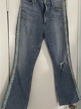 Citizens Of Humanity Blue Flare Jeans with Turquoise Embroidered Side Trim